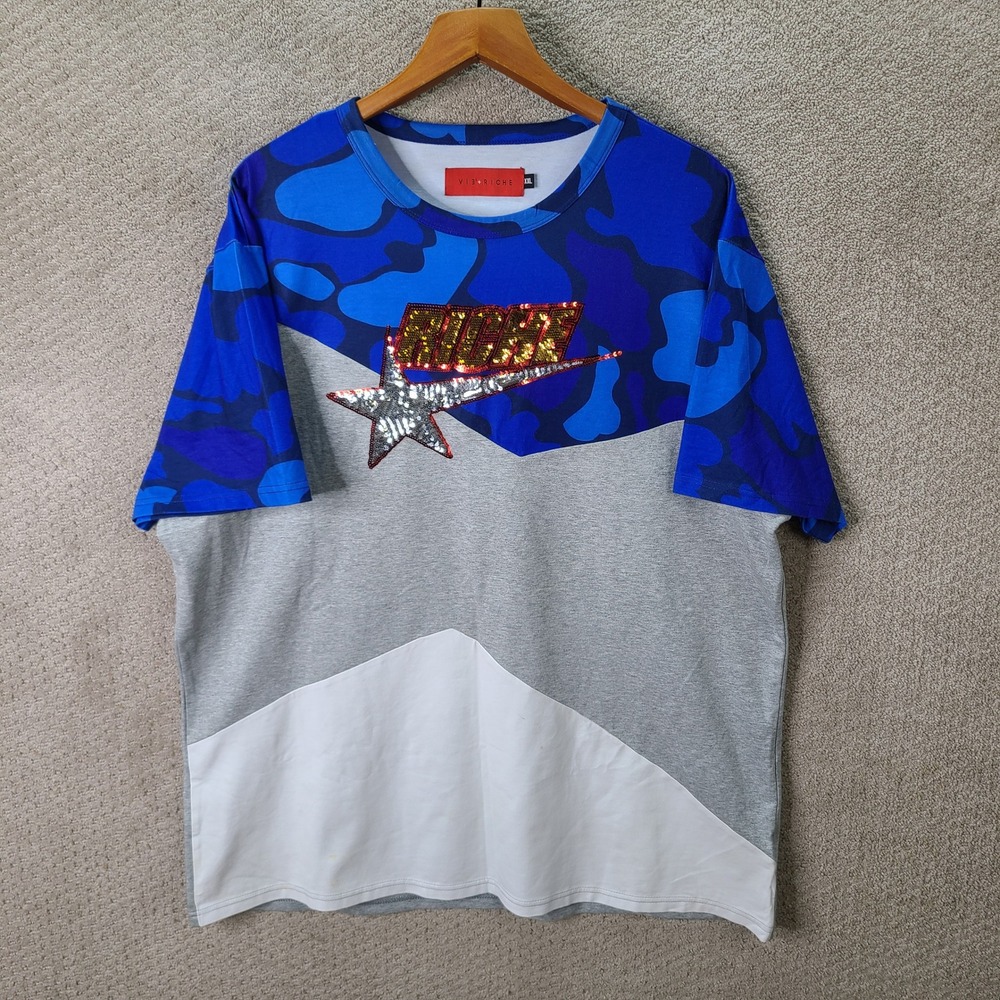 Vie Riche Shirt Mens XXL Blue Gray Camo Sequin Graphic Tee Cotton Short Sleeve